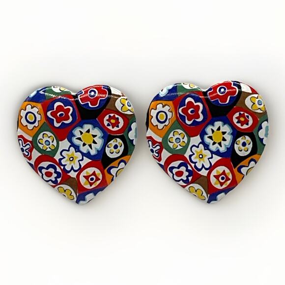 Avon Painted Porcelain Millefiori Heart Clip Earrings Multicolor - Picture 1 of 9